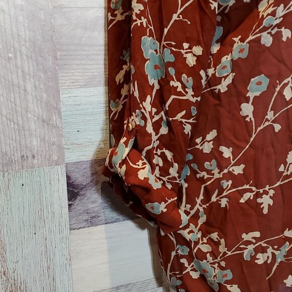 Tommy Bahama Sz M Rust Blue Floral Sheer Scoop Neck Popover Cupro Blouse 824 - Picture 3 of 8